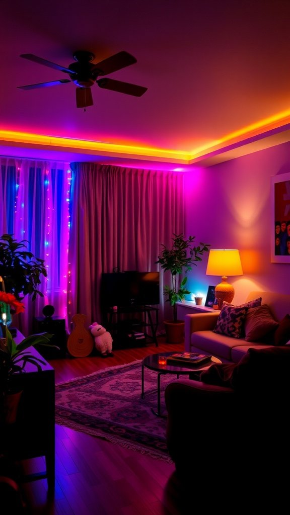 Colorful living room with layered lighting sources, showcasing a blend of lamps and fairy lights.
