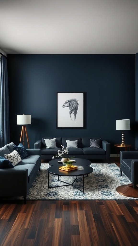 Stylish navy blue living room with two navy sofas and a round coffee table.
