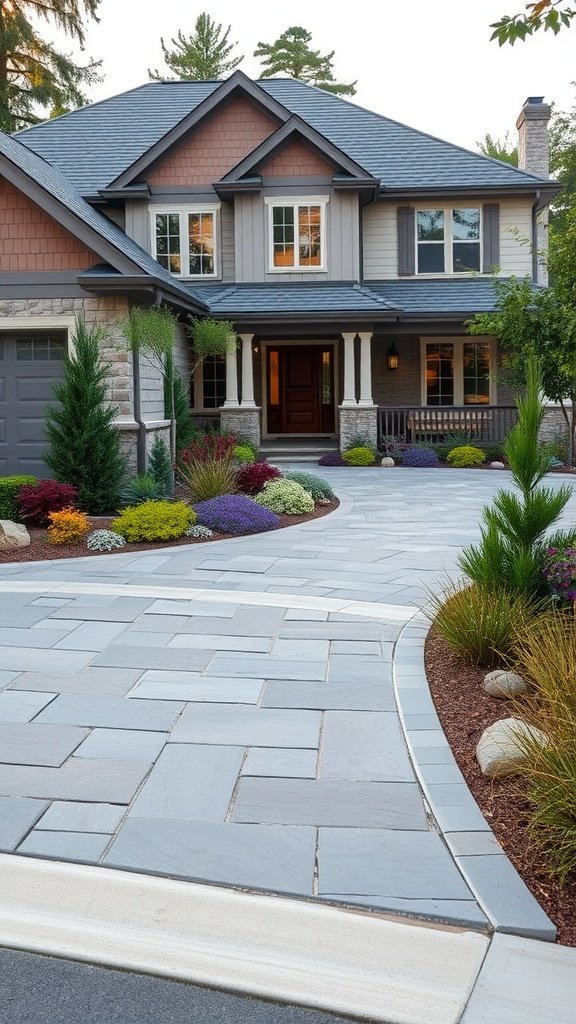 A beautifully landscaped driveway with a mix of tall trees, shrubs, and vibrant flowers.