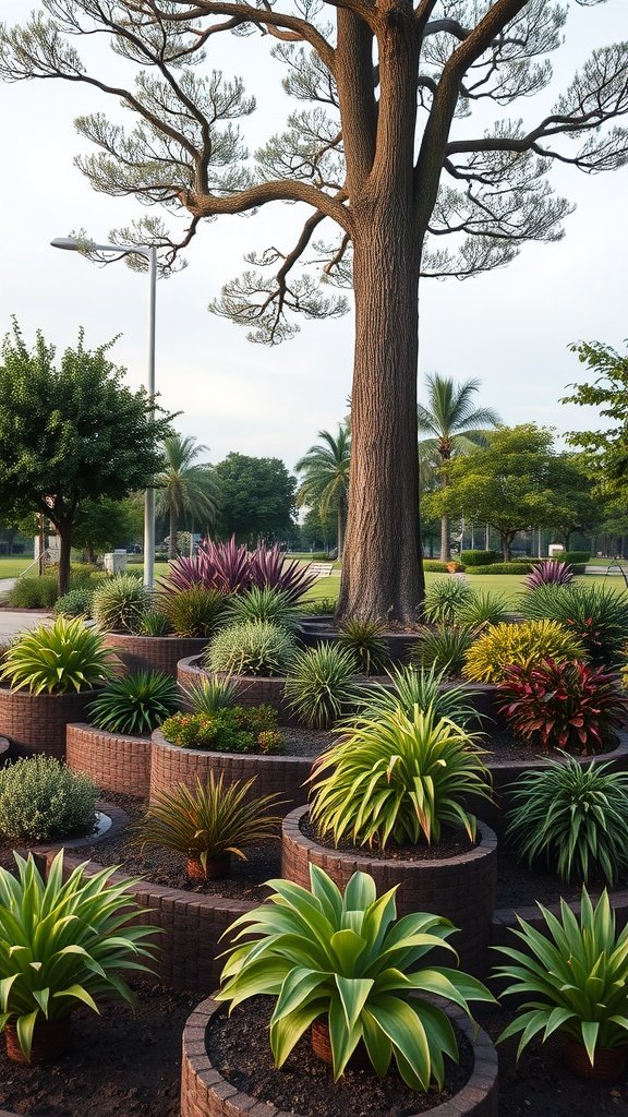 A beautifully landscaped area around a tree with various plants layered for visual interest.