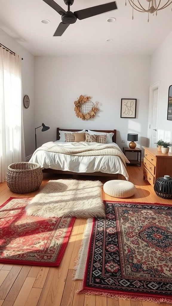 A cozy bedroom featuring layered rugs, including a fluffy one and a patterned rug, with a bed and wooden furniture.