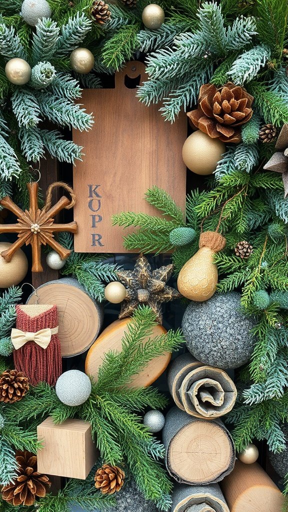 A decorative arrangement featuring winter greenery, pinecones, wooden slices, and ornaments.