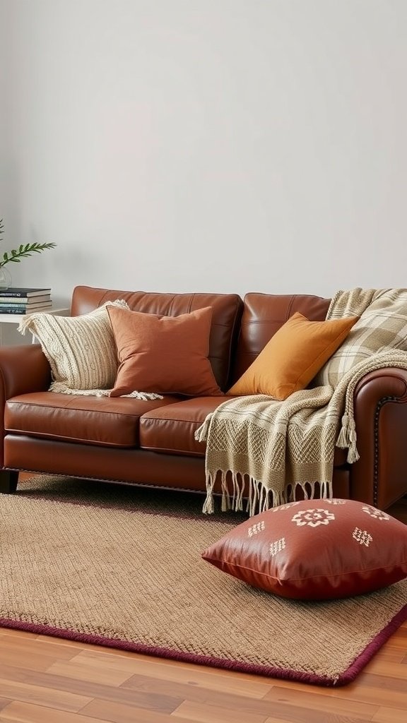 A cozy brown leather couch adorned with pillows and a throw blanket.