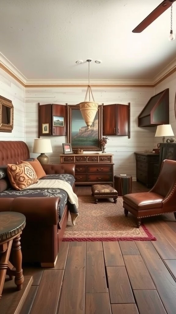 Cozy western-themed bedroom with leather couch, chair, and decorative accents.