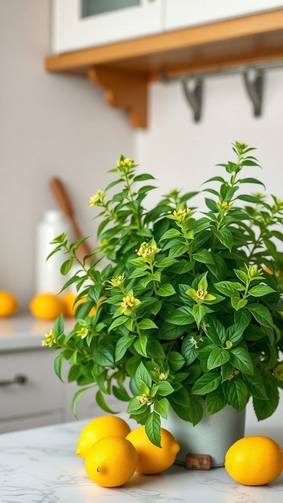 A vibrant lemon balm plant with fresh green leaves and yellow lemons beside it