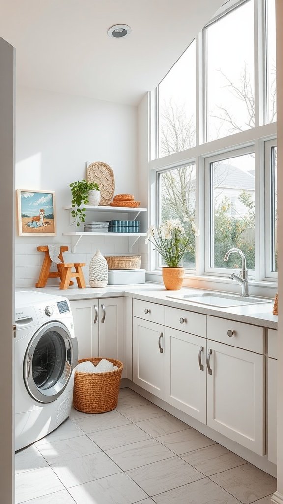 Bright and airy laundry room with large windows and white cabinetry.