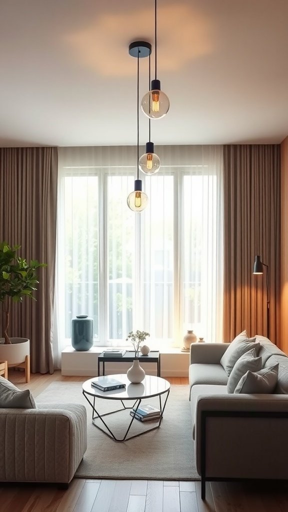 A stylish living room featuring modern light fixtures and navy accents.