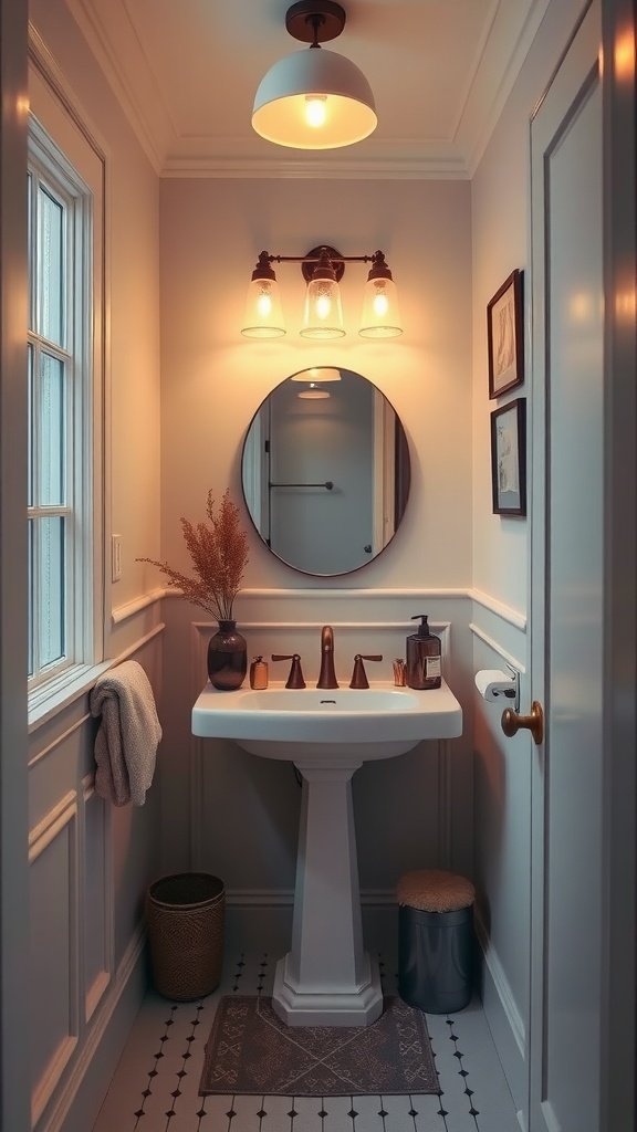 A small half bathroom featuring a wall-mounted light, a mirror, and a small shelf with a plant.