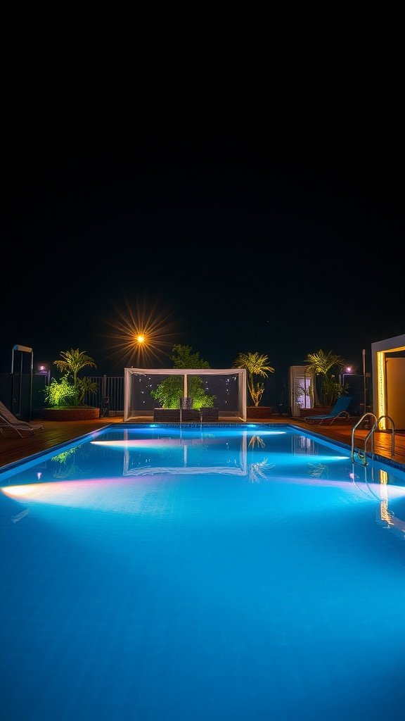 Illuminated swimming pool at night with soft lighting and plants around