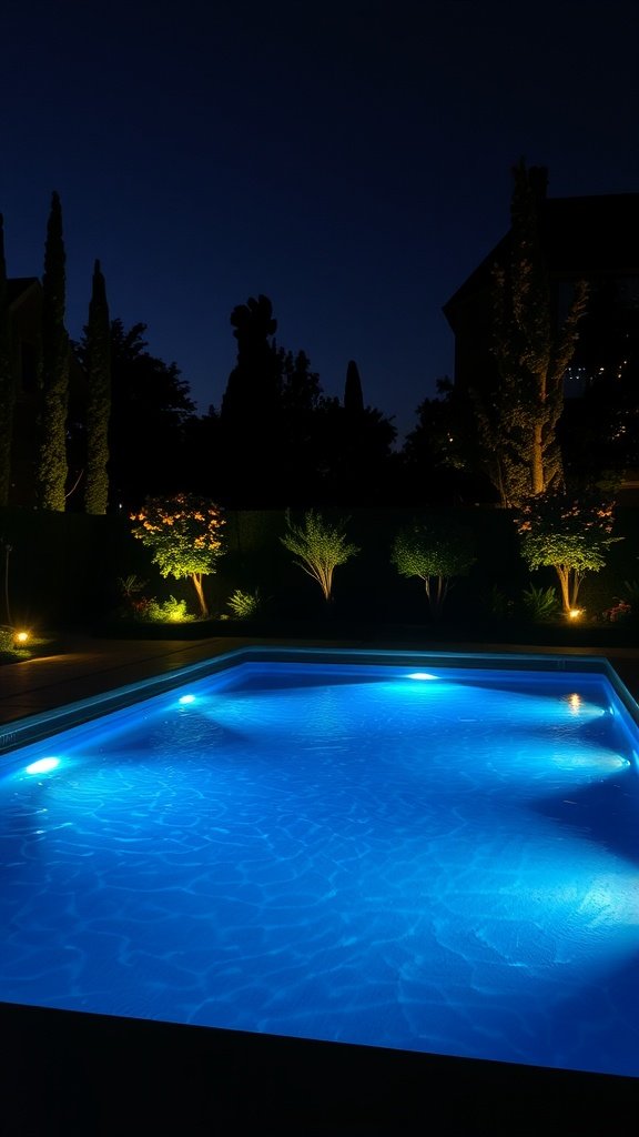 A beautifully lit pool at night with colorful underwater lights and surrounding garden illumination.
