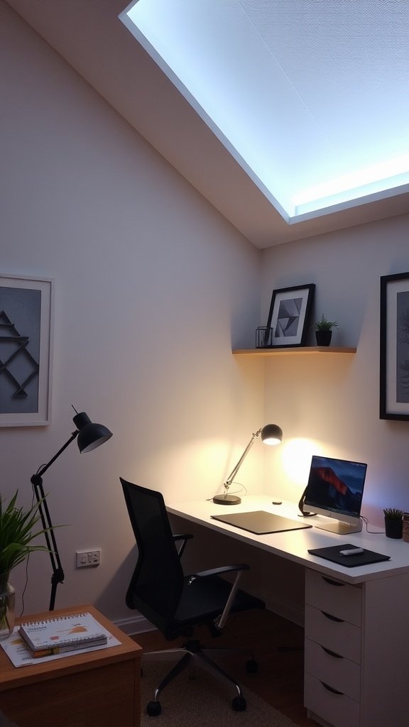 Cozy small home office with warm lighting and modern desk setup.