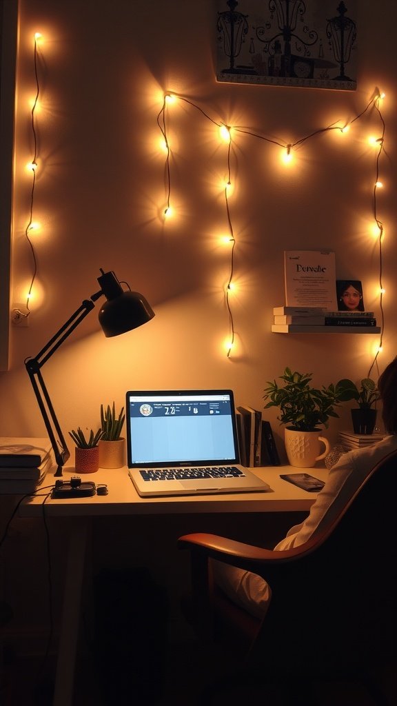 A cozy home office setup featuring a laptop, warm string lights, and a desk lamp.