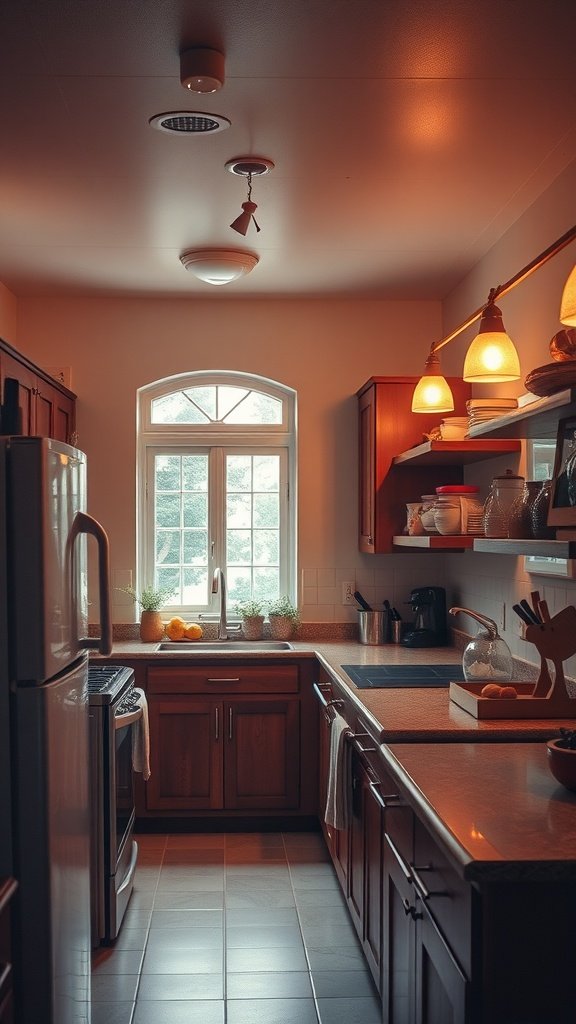 A cozy kitchen with warm lighting, featuring wooden cabinets and a window.