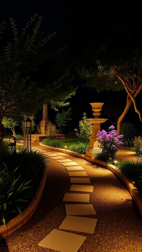 Beautifully lit garden path at night with plants and decorative elements.