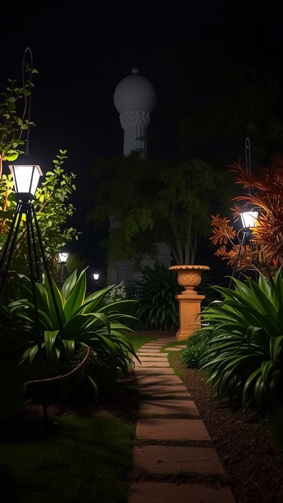 A beautifully lit garden pathway surrounded by lush plants and decorative lanterns at night.