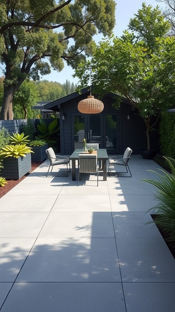 A stylish patio featuring lightweight composite tiles, a dining table, and greenery.