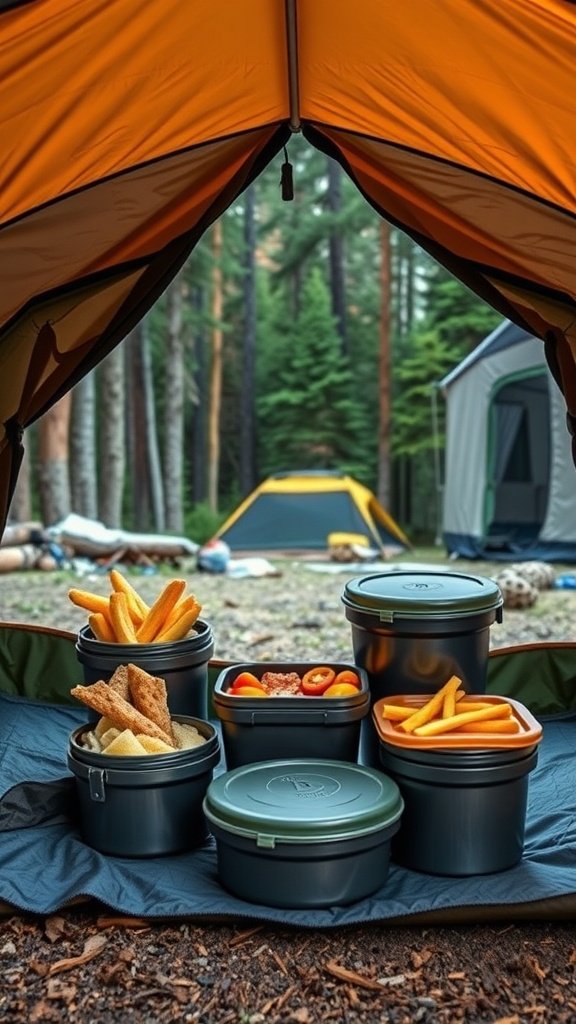 A variety of lightweight food storage containers arranged inside a tent, showing snacks and meals, ideal for camping.