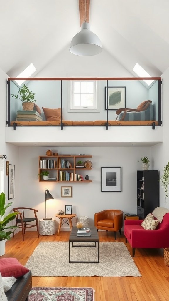 A cozy lofted space with a reading nook and living room below, featuring large windows and warm decor
