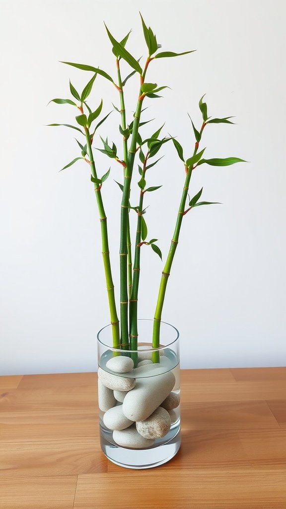 Lucky bamboo plant in a glass vase with stones.