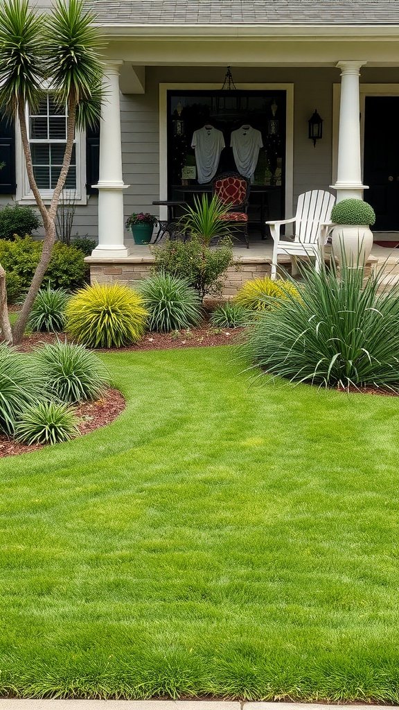 A beautifully landscaped front yard featuring a lush green lawn, ornamental bushes, and a cozy seating area.