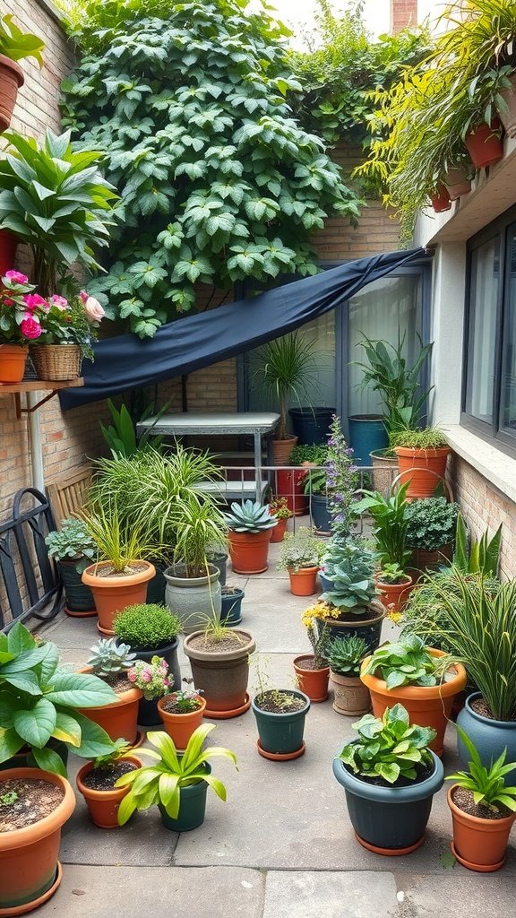 A lush garden patio filled with potted plants, creating a vibrant and cozy atmosphere.