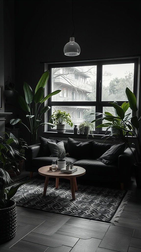 Cozy black living room with indoor plants and natural light