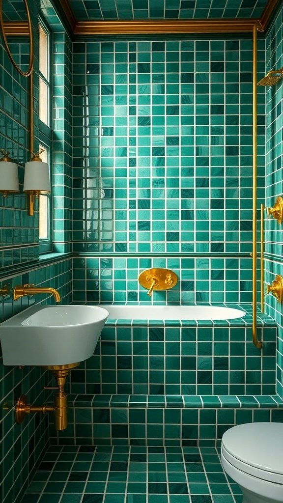 Luxurious dark green bathroom with emerald tiles and gold fixtures.