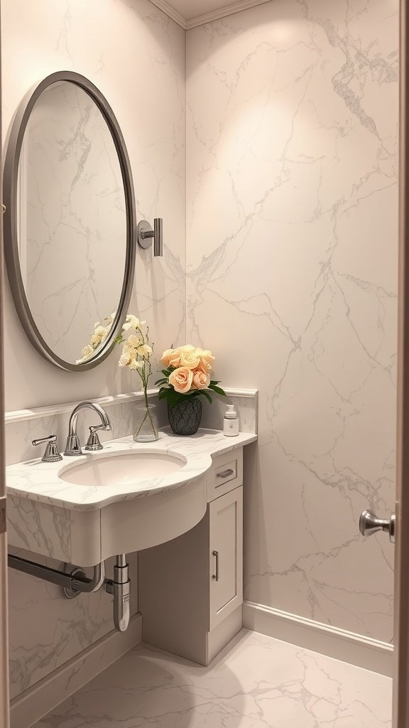Stylish half bathroom with marble accents and a round mirror.