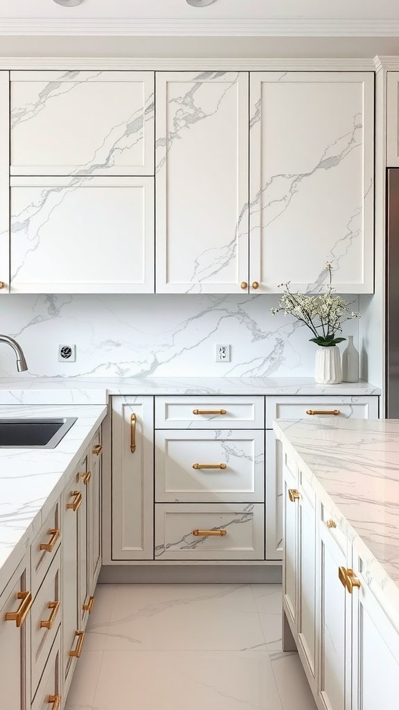 Luxurious kitchen with marble countertops and white cabinets