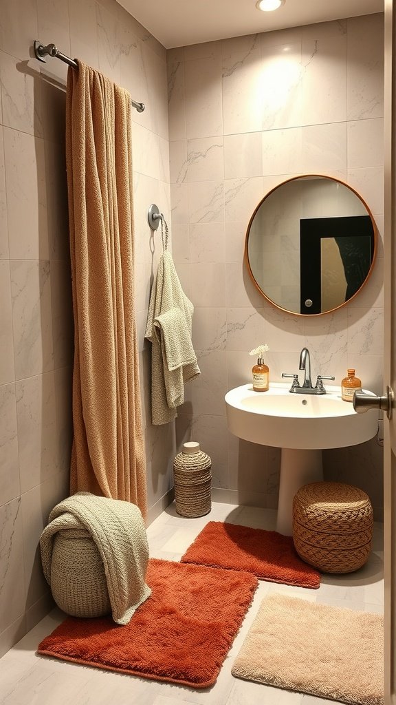 A stylish half bathroom featuring soft towels, rugs, and a round mirror, creating a cozy atmosphere.