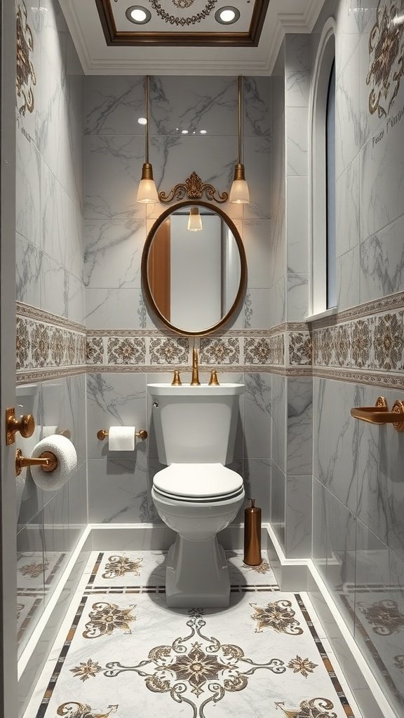 Luxurious half bathroom with stylish tile accents and elegant fixtures.