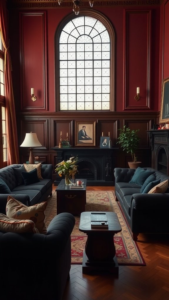 Stylish living room with dark red walls and luxurious furniture