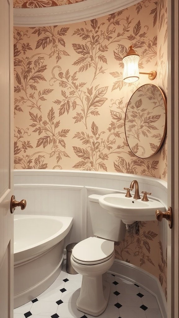 Half bathroom with floral wallpaper and elegant fixtures.