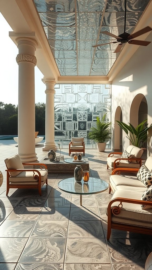 A luxurious patio featuring glass tiles with a modern Mediterranean design.