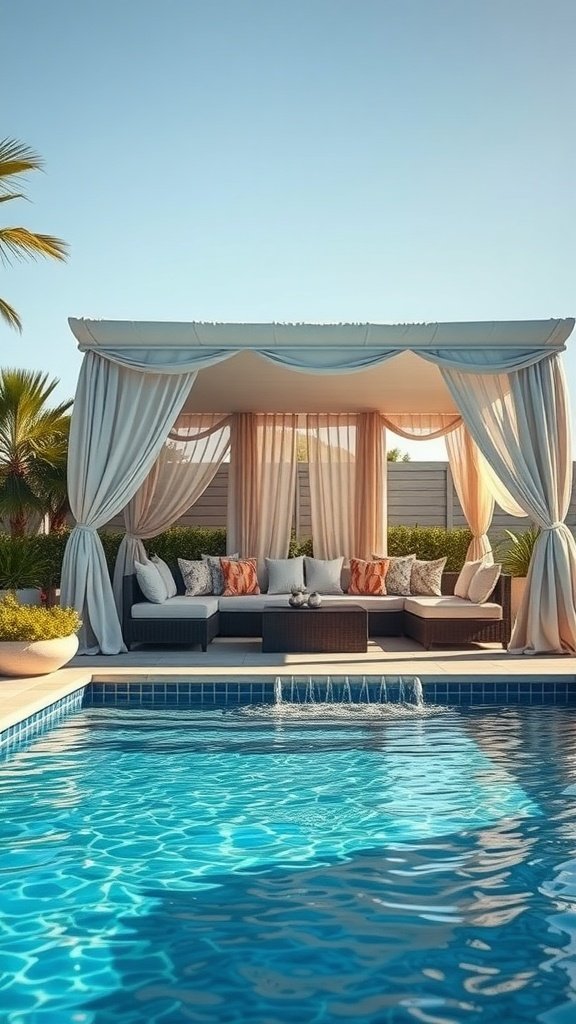 Luxury poolside cabana with comfortable seating and drapes near a swimming pool.