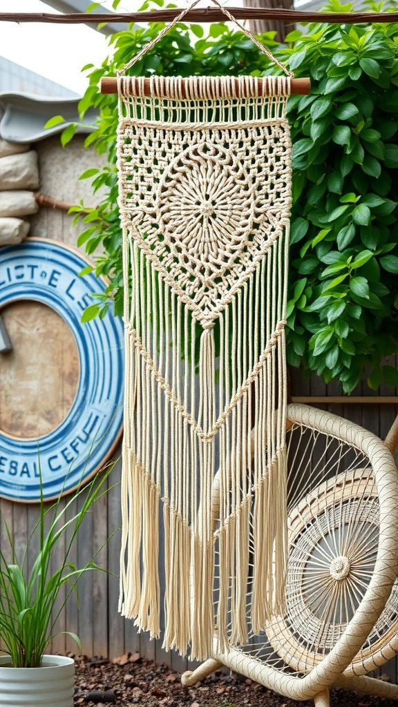 A beautiful macramé wall hanging displayed outdoors, surrounded by greenery and boho decor.