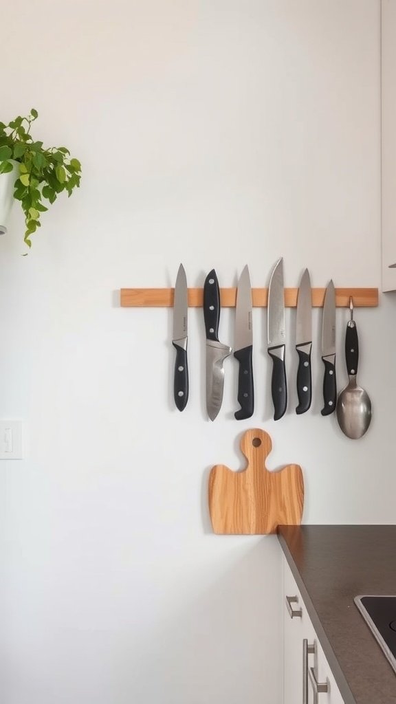 A wall-mounted magnetic knife strip displaying various knives in a small kitchen.
