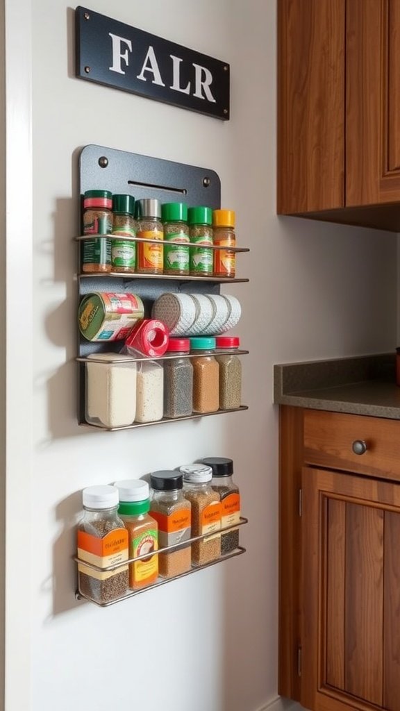 A magnetic spice rack mounted on a kitchen wall displaying various spice jars.