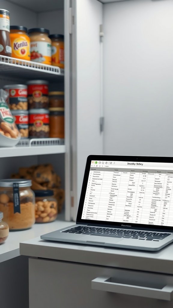 A laptop displaying a pantry inventory spreadsheet in front of a neatly organized pantry with jars and snacks.