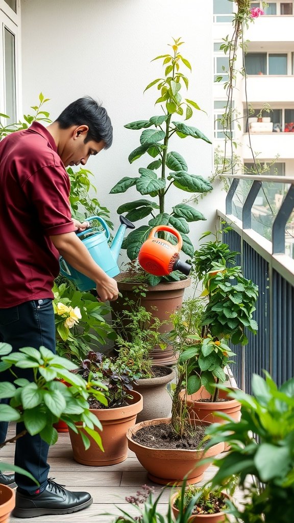 A person watering plants on a balcony garden with various potted plants.