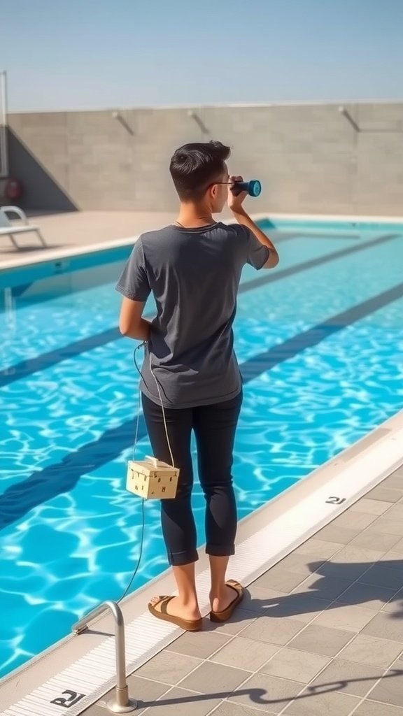 A person standing by a pool, observing water quality with a device.