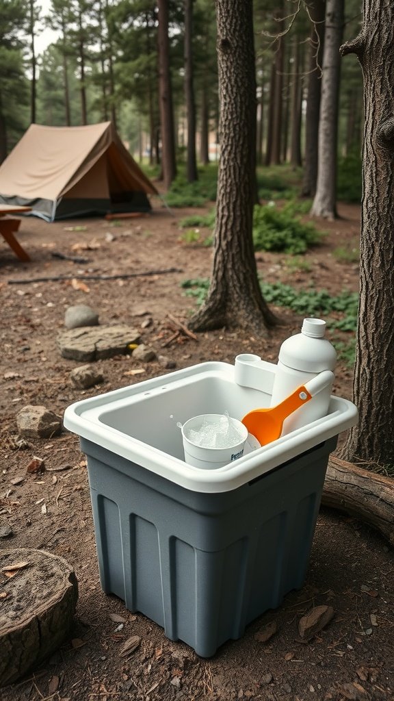 A portable camp kitchen setup with a container for washing dishes in a campsite
