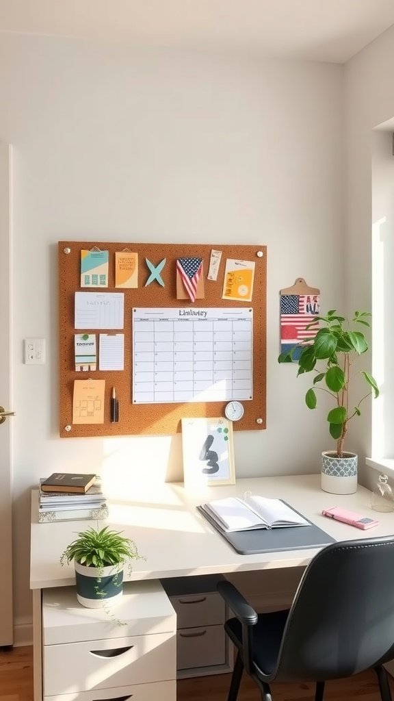 A small home office setup featuring a desk, corkboard, and plants, emphasizing organization.