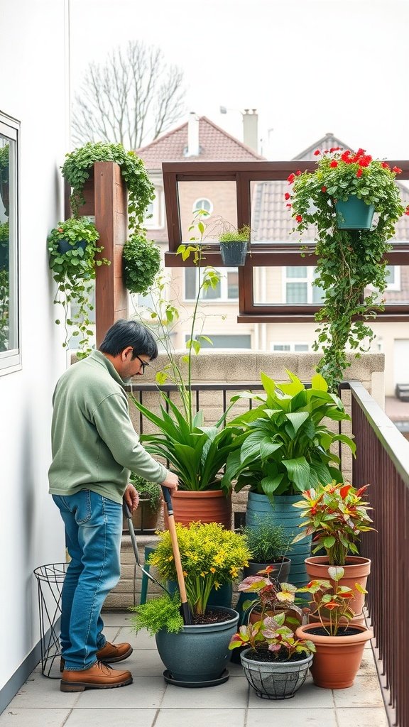 A person tending to a balcony garden filled with various potted plants.