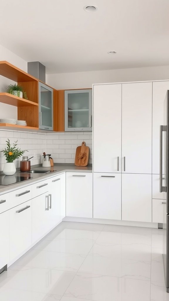 A modern kitchen featuring tan lower cabinets and white upper cabinets, with a clean countertop.