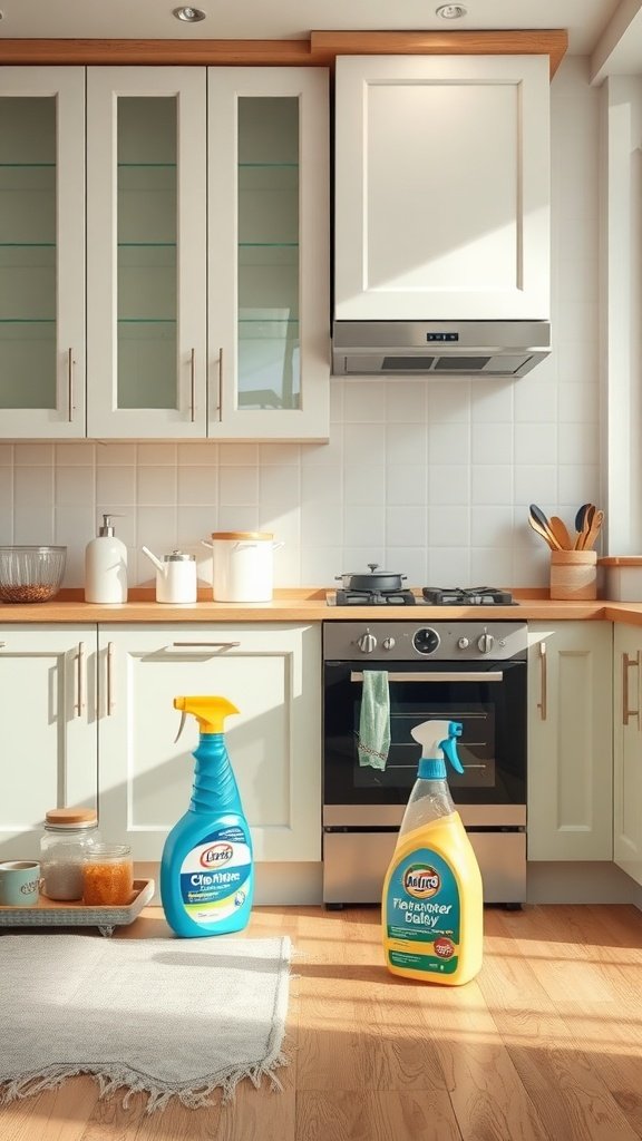 A clean kitchen featuring Tan Lower Cabinets and White Upper Kitchen Cabinets with cleaning supplies.