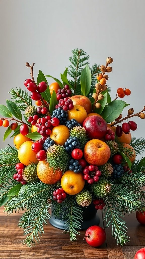 A colorful arrangement of fruits and winter greenery