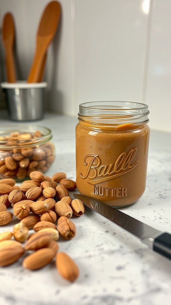 A jar of homemade nut butter with almonds scattered around and a knife beside it.