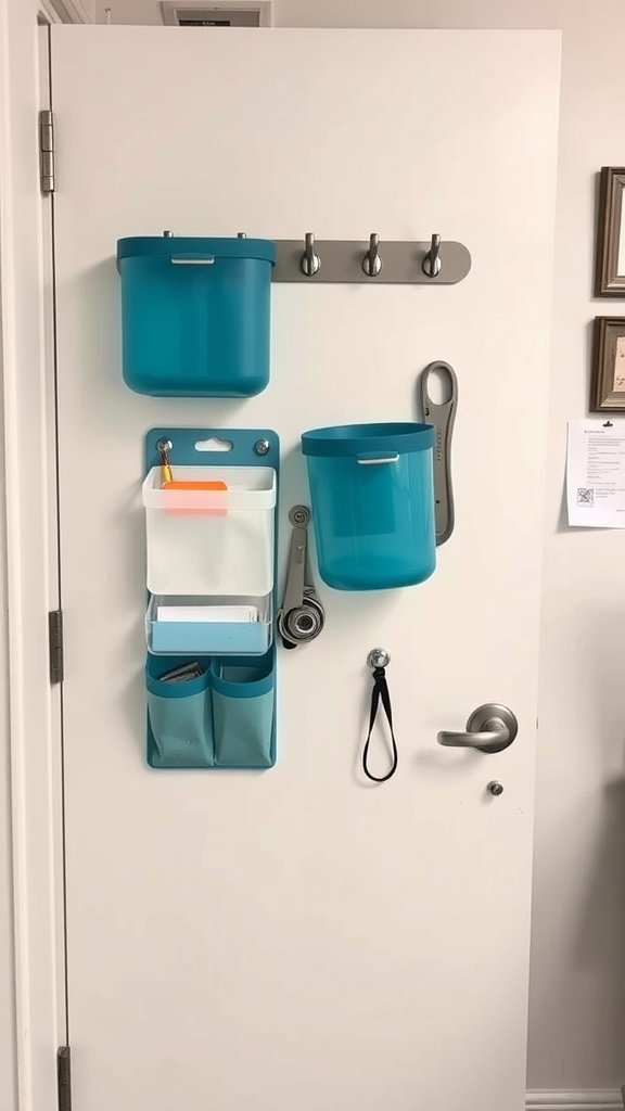 Storage bins and hooks on a door for organizing office supplies