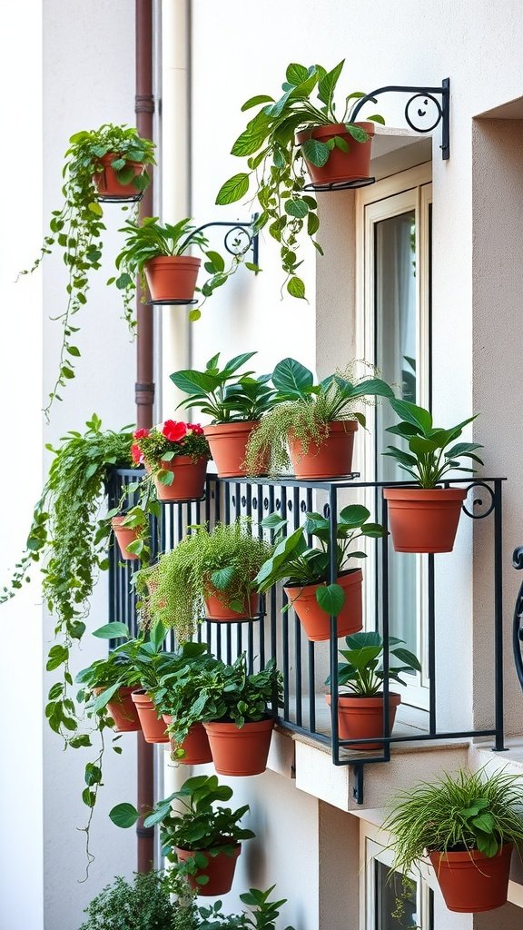 Balcony railing with potted plants displaying vibrant greenery.